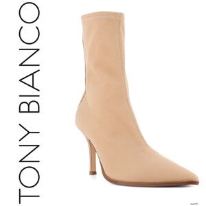 NWT TONY BIANCO “Kit” Heeled Sock Booties in Nude Lycra